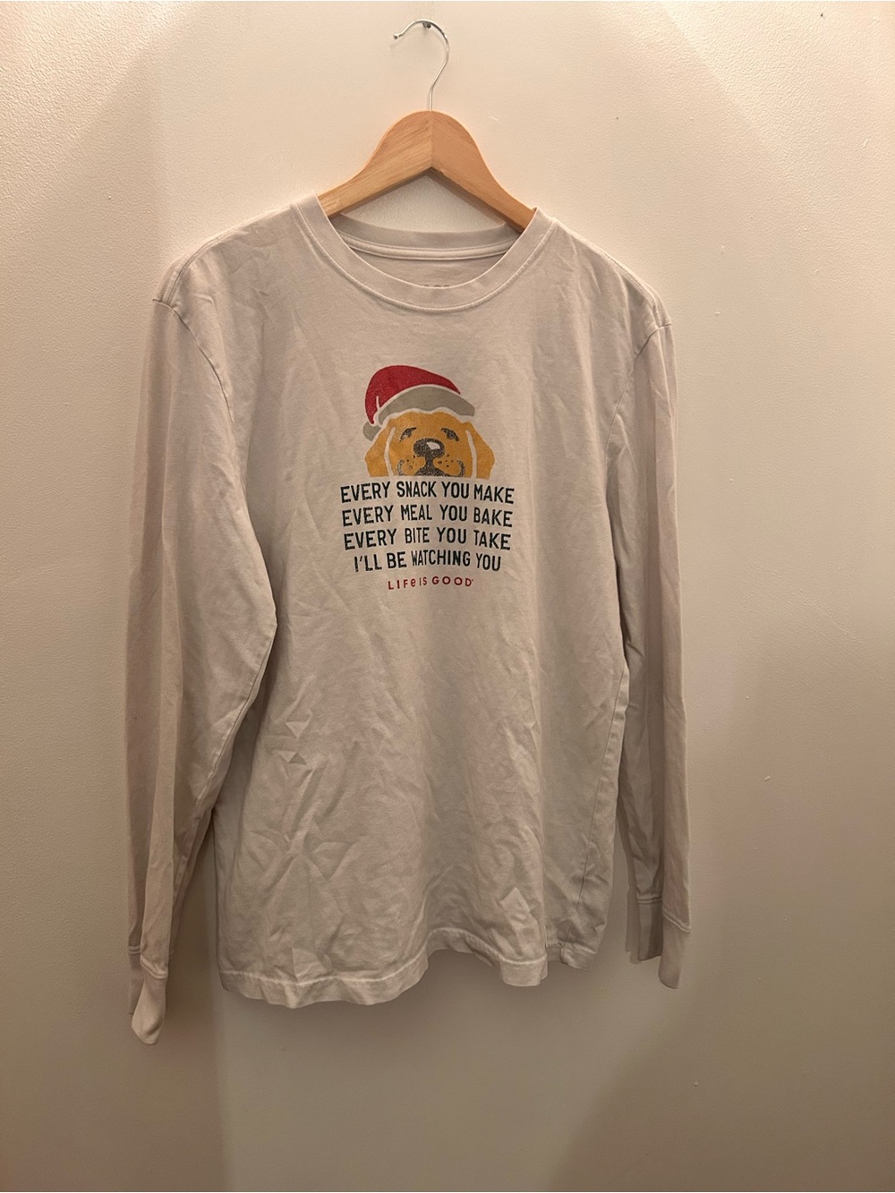 Life Is Good White Long-Sleeve Dog Tee with Red Hat Graphic